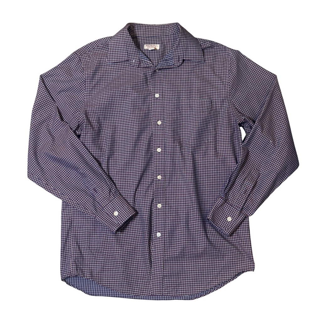 Merona Button Down Shirt Medium Purple White Micro Check Long Sleeve Pocket